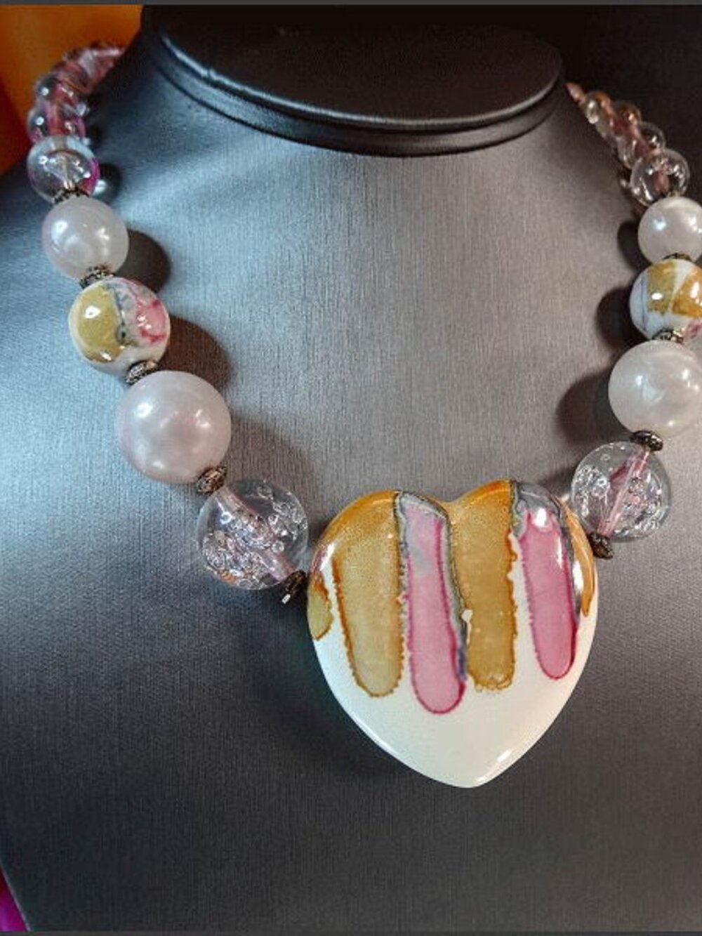 Authentic 1970s Vintage Necklace Unique Big Heart Pastel Porcelain